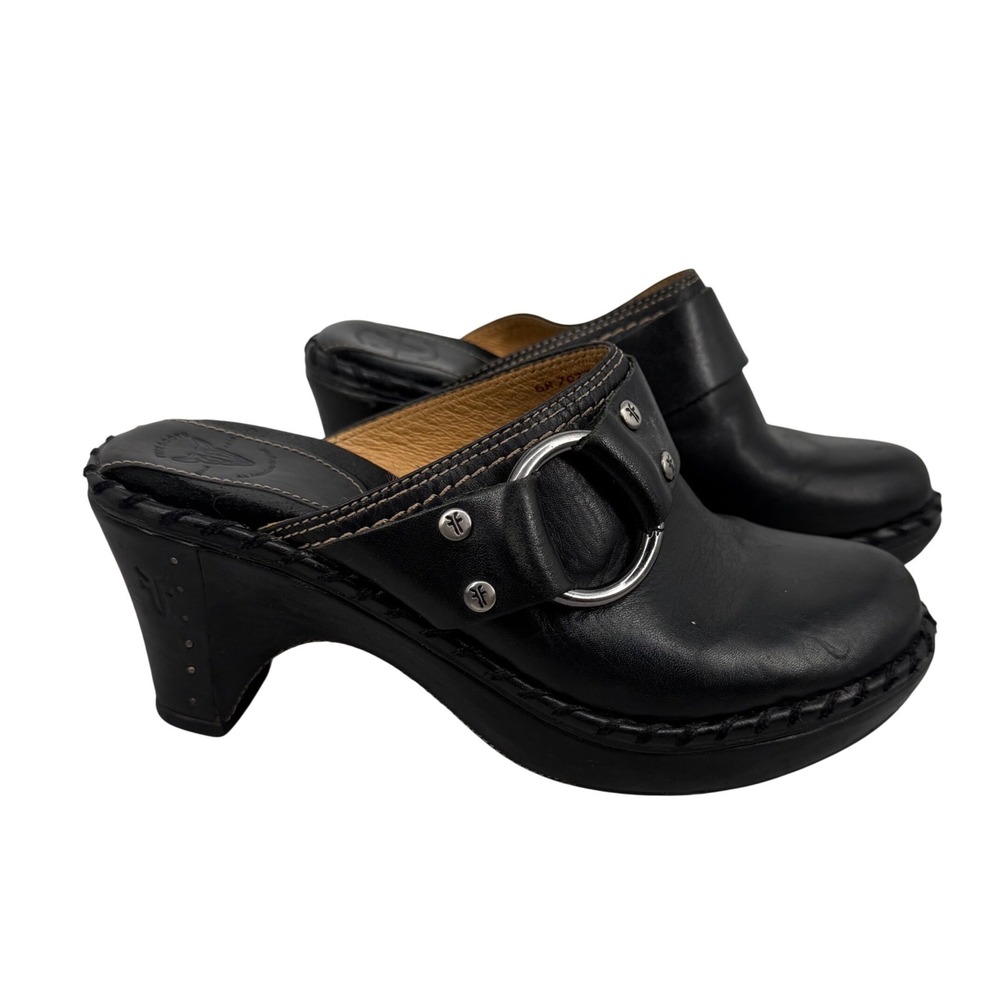 Frye Charlotte‎ Ring Black Leather Clog Mules Silver Buckle Block Heel 6M 70770